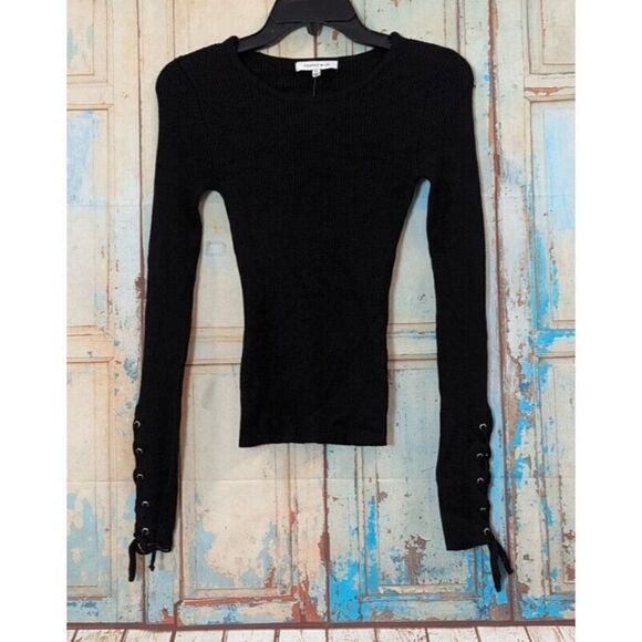 Hooked Up By IOT Juniors Size XS Lace Up Wrist Rib Knit Sweater Black Stretch - Picture 2 of 9